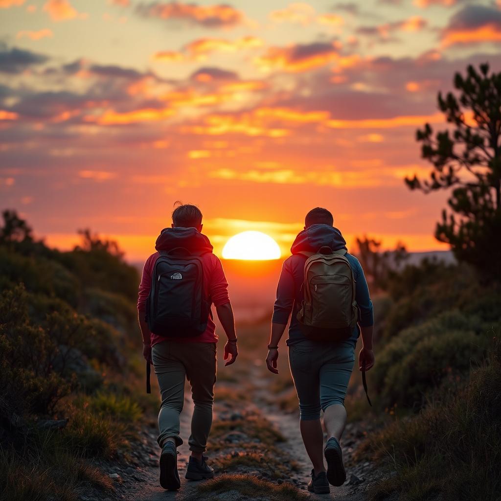 Two backpackers walking along a path at sunset, viewed from behind