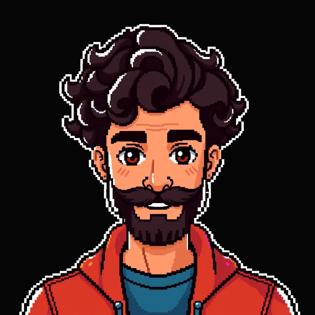 A pixel art avatar of a man with curly hair and a beard, set against a black background