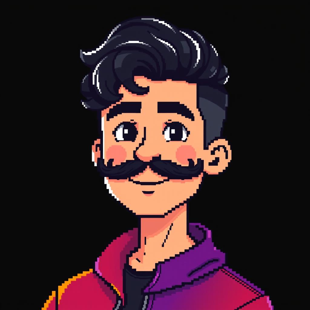 A pixel art avatar of a man with dark curly hair styled in a 'black' haircut, set against a black background