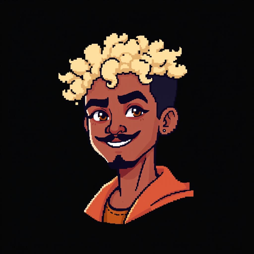 A pixel art avatar of a man with light-colored curly afro hair styled in a black haircut, set against a black background