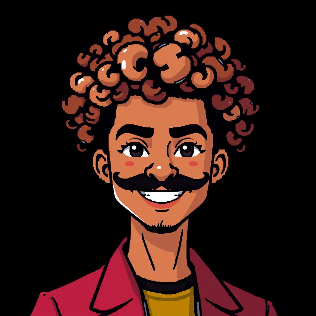 A pixel art avatar of a man with light brown curly afro hair styled in a black haircut, set against a black background