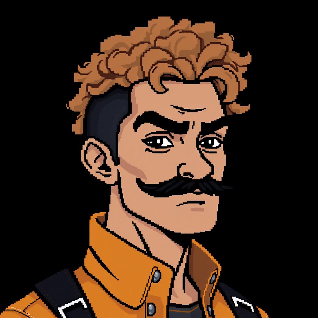 A pixel art avatar of a masculine man with light brown curly afro hair styled in a black haircut, set against a black background