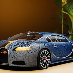 A sleek Bugatti car enhanced with detailed batik design.