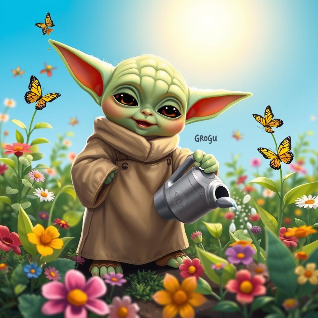 A cute and whimsical scene featuring Baby Yoda, also known as Grogu, working diligently in a vibrant garden