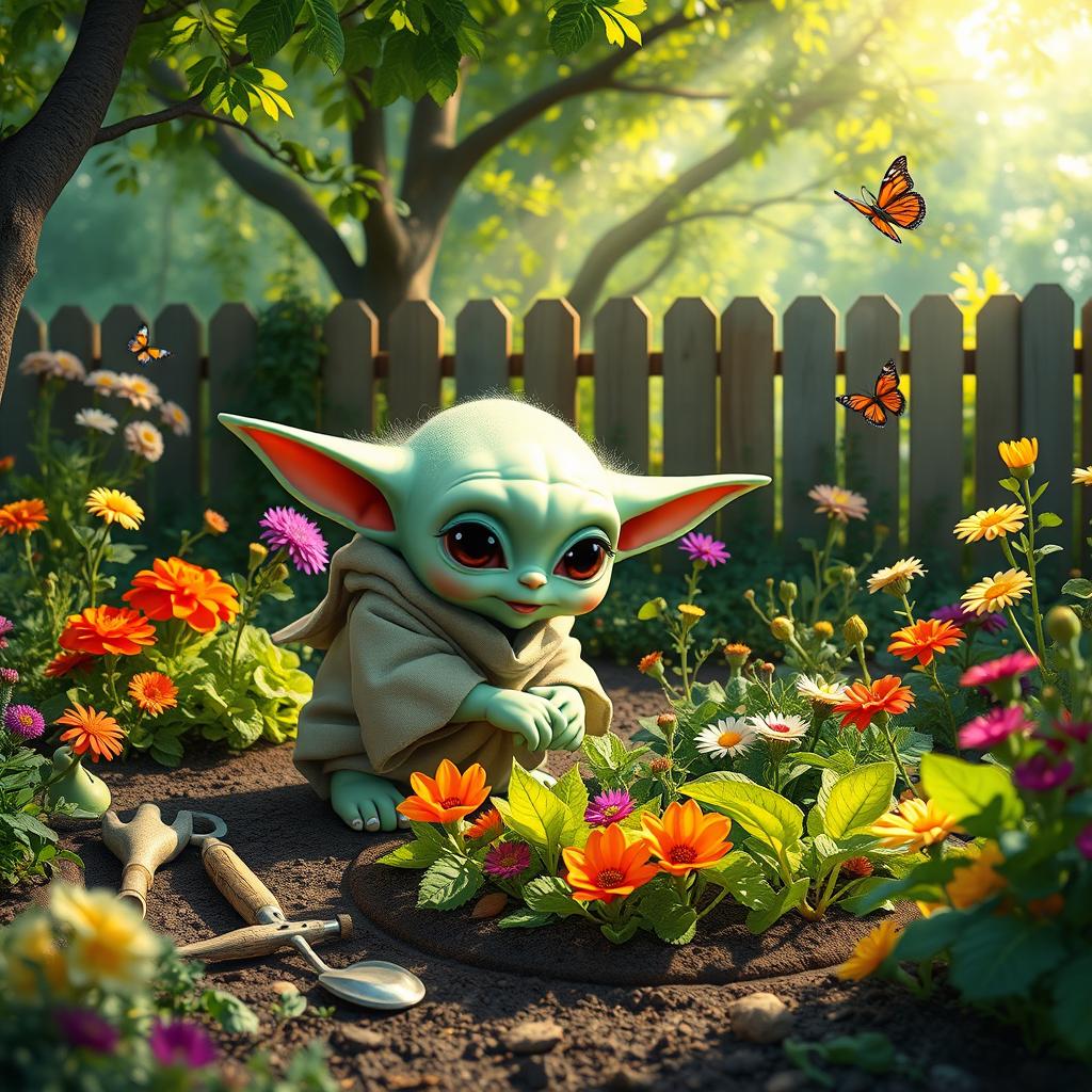 A whimsical scene featuring a baby Yoda working in a vibrant garden