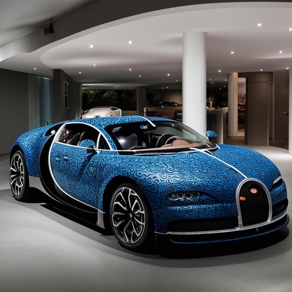 A sleek Bugatti car enhanced with detailed batik design.