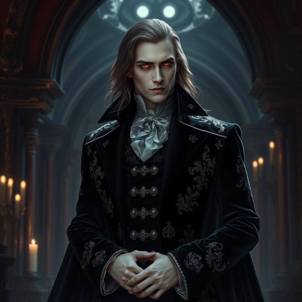 A dark aristocrat vampire emerging from the shadows, clad in a richly detailed black velvet coat adorned with silver embroidery, featuring a high collar and elegant cuffs