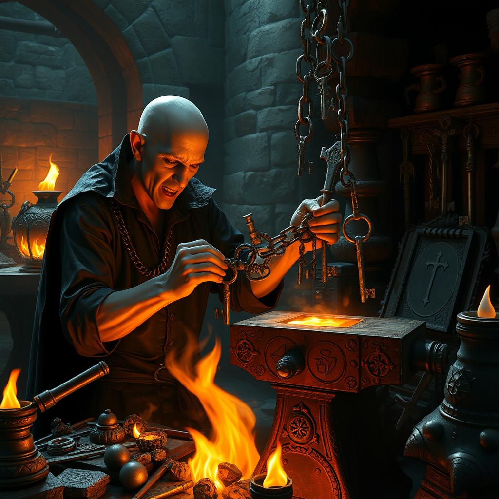 A mysterious vampire blacksmith working in a dark and atmospheric forge