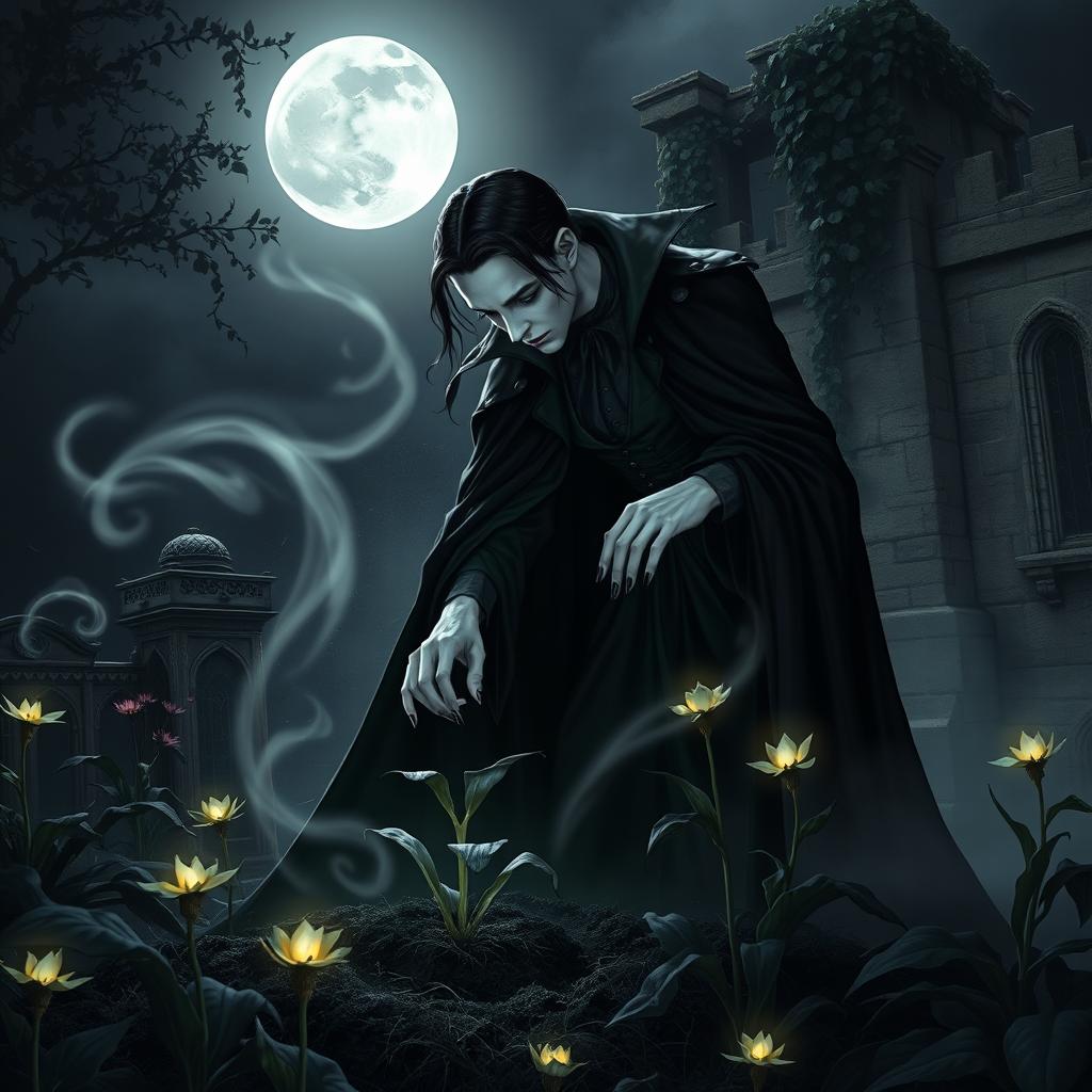 A dark and mysterious vampire character, dressed in elegant gothic attire, in a moonlit garden setting
