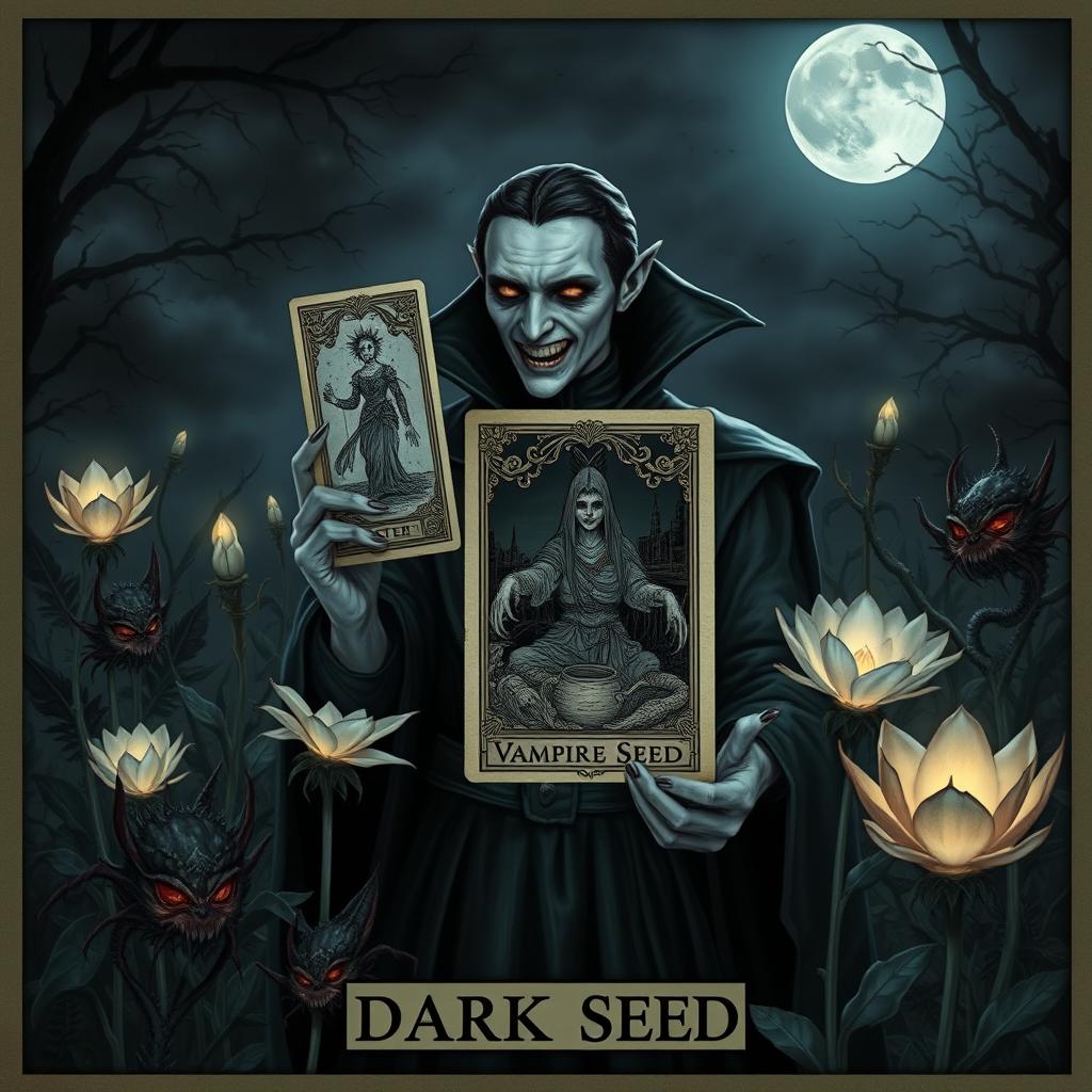 A mystical vampire gardener with pale skin and sharp fangs, dressed in dark, elegant gardening attire, standing amongst ominous plants under a full moon