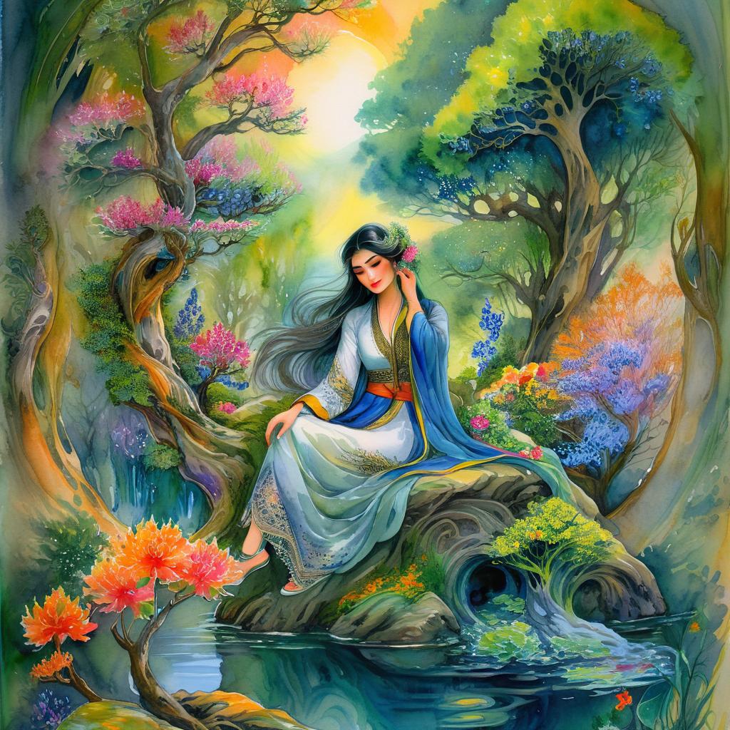 Mystical and spiritual watercolor painting of a beautiful Iranian woman sitting on a rock on a beautiful and peaceful pond in a dense forest with cypress trees, plane trees, grapevines, winding bonsai trees, and a whirlwind of colorful flowers and beautiful.