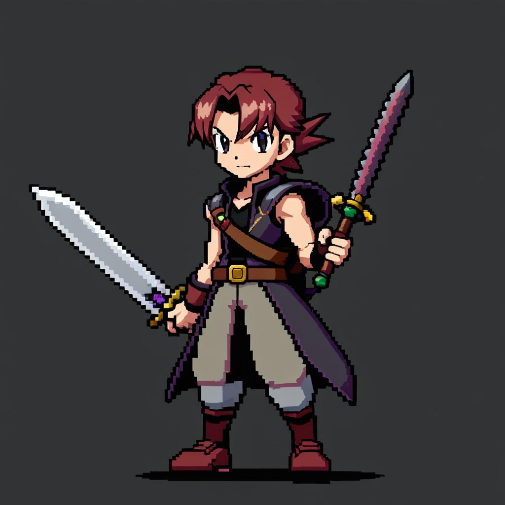 Genera un sprite de un entrenador Pokemon en estilo pixel art, para pokemon essentials, con gráficos de 4a generación, que esté basado en un guerrero de d&d. Tiene 30 años, pelo negro, yelmo completo con una pluma y armadura pesada. Su arma es una espada larga. En el estilo de la foto que adjunto.