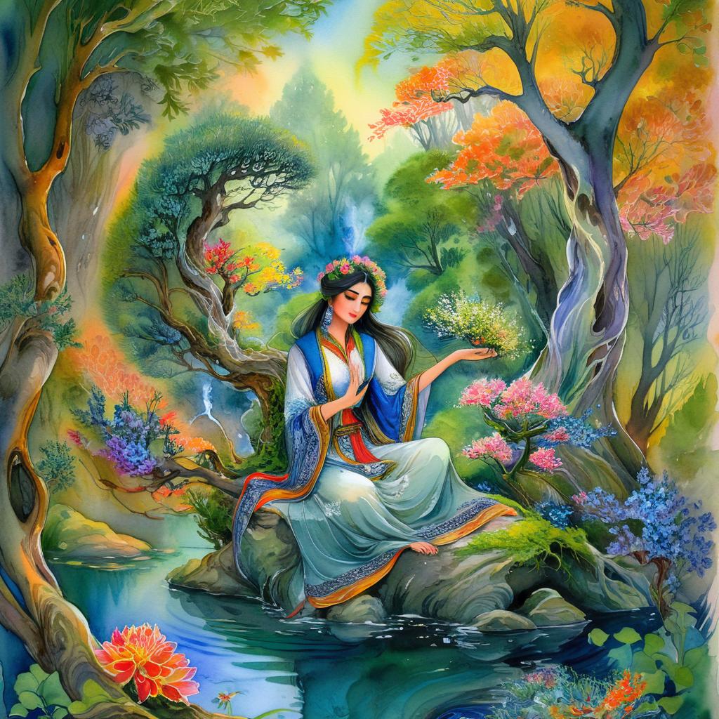 Mystical and spiritual watercolor painting of a beautiful Iranian woman sitting on a rock on a beautiful and peaceful pond in a dense forest with cypress trees, plane trees, grapevines, winding bonsai trees, and a whirlwind of colorful flowers and beautiful.