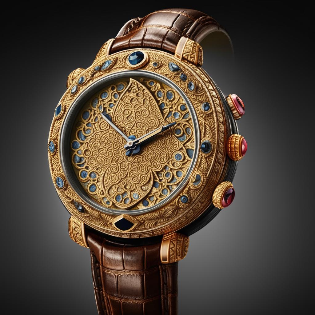 An extravagant wristwatch showcasing detailed designs inspired by Indonesian culture.