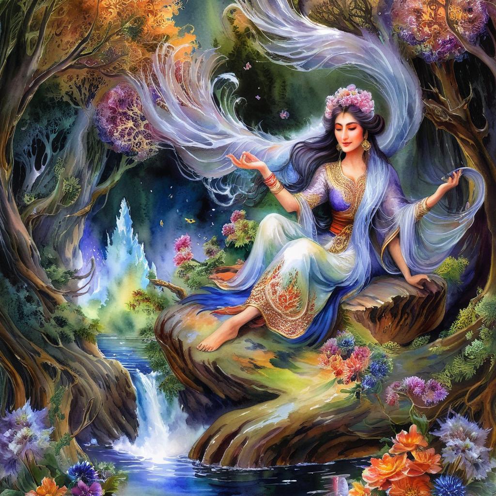 Mystical and spiritual watercolor painting of a beautiful Iranian woman sitting on a rock on a beautiful and peaceful pond in a dense forest with cypress trees, plane trees, grapevines, winding bonsai trees, and a whirlwind of colorful flowers and beautiful.