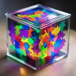 A transparent magic box, radiating an enchanting glow, filled with pieces of colorful jigsaw puzzles.