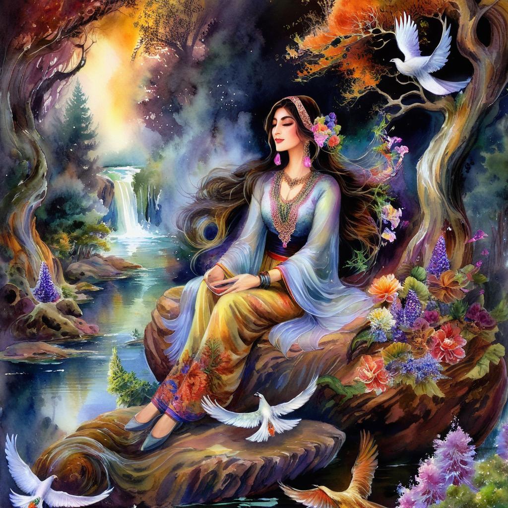 Mystical and spiritual watercolor painting of a beautiful Iranian woman sitting on a rock on a beautiful and peaceful pond in a dense forest with cypress trees, plane trees, grapevines, winding bonsai trees, and a whirlwind of colorful flowers and beautiful.