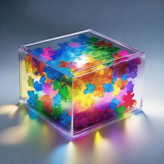 A transparent magic box, radiating an enchanting glow, filled with pieces of colorful jigsaw puzzles.