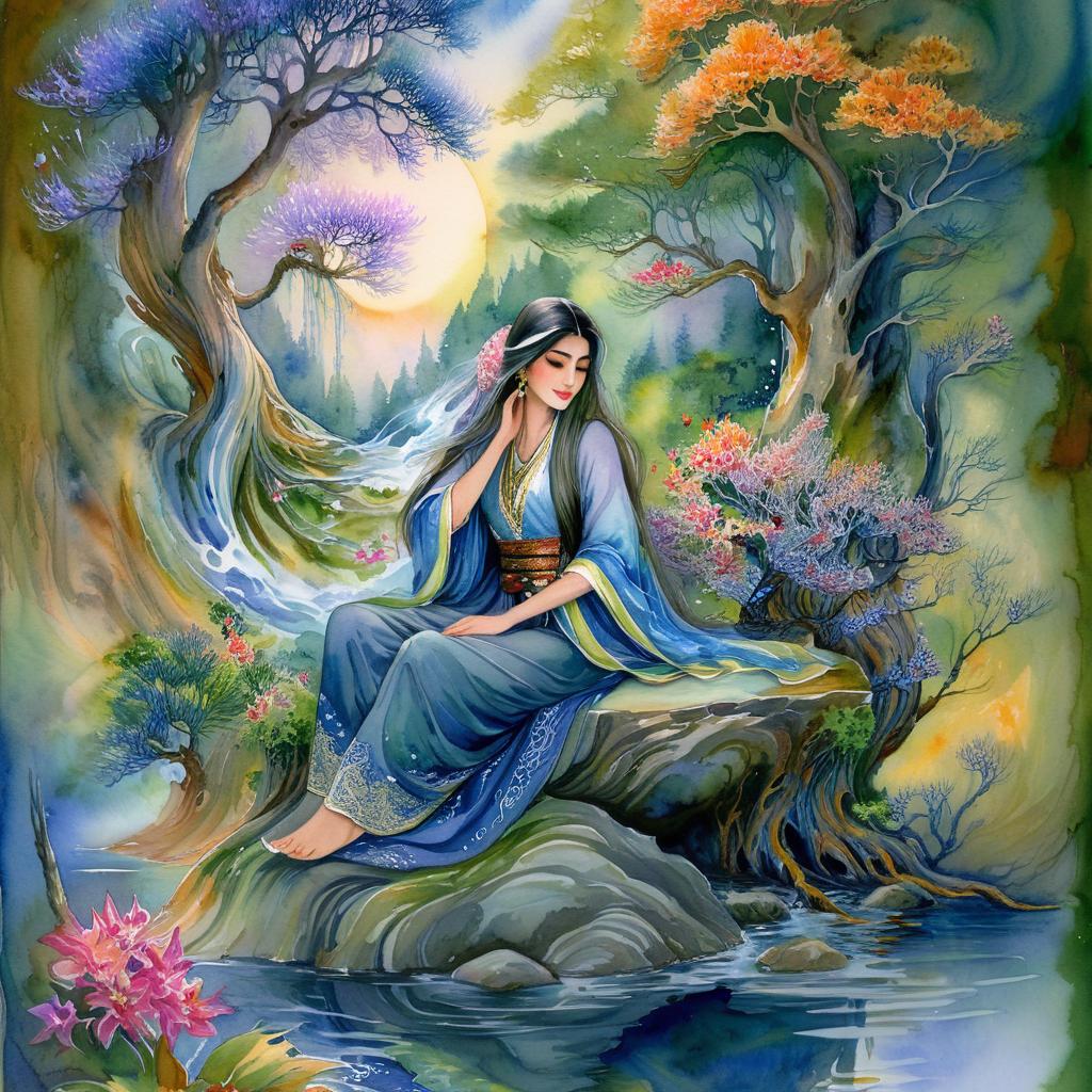Mystical and spiritual watercolor painting of a beautiful Iranian woman sitting on a rock on a beautiful and peaceful pond in a dense forest with cypress trees, plane trees, grapevines, winding bonsai trees, and a whirlwind of colorful flowers and beautiful.