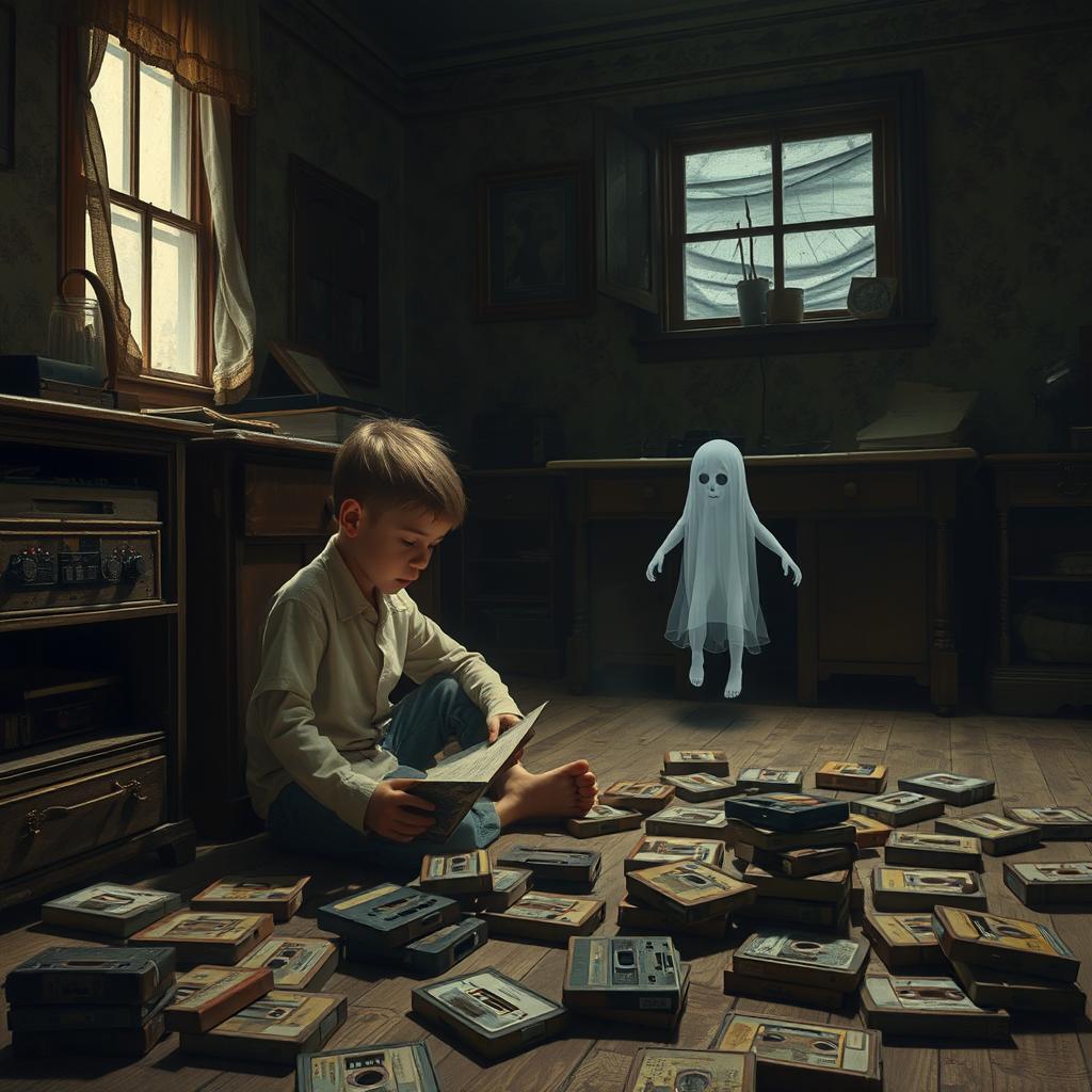 In a dimly lit, old room filled with vintage wooden furniture, one living boy is seated on the floor, surrounded by a scattering of dusty old cassette tapes, intently examining their covers