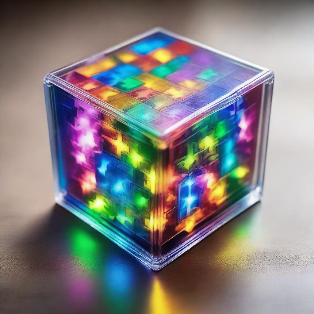 A transparent magic box, radiating an enchanting glow, filled with pieces of colorful jigsaw puzzles.