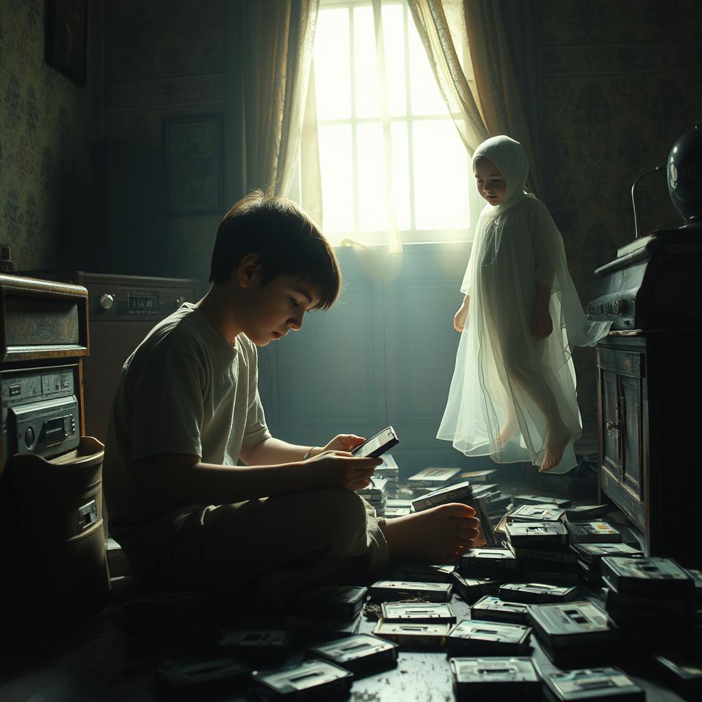 In a nostalgic, dimly lit old room, a living boy sits on the floor, surrounded by a clutter of dusty old cassette tapes, deeply focused as he inspects the covers with curiosity
