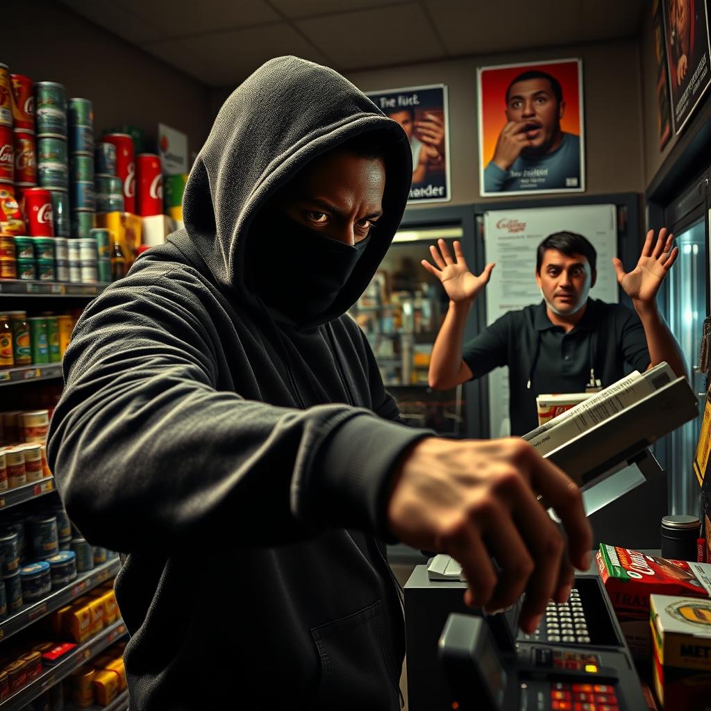 A dramatic scene depicting a man of African descent in a tense store robbery, wearing a dark hoodie and mask to conceal his identity, reaching for cash from the register