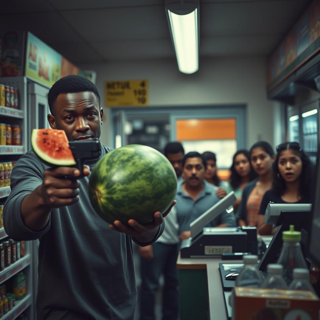 A tense and dramatic scene depicting a black man robbing a store
