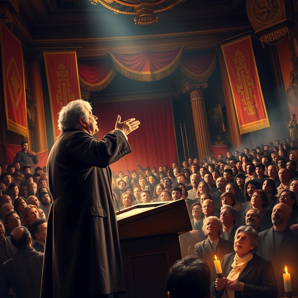 A dramatic depiction of a passionate historical figure delivering a motivational speech in front of a large audience, capturing the intense emotions of determination and fervor