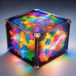 A transparent magic box, radiating an enchanting glow, filled with pieces of colorful jigsaw puzzles.