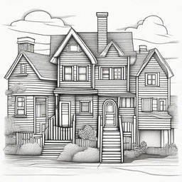 Draw a detailed line-art of different types of houses suitable for a coloring page.