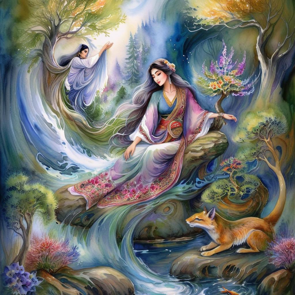 Mystical and spiritual watercolor painting of a beautiful Iranian woman sitting on a rock on a beautiful and peaceful pond in a dense forest with cypress trees, plane trees, grapevines, winding bonsai trees, and a whirlwind of colorful flowers and beautiful.