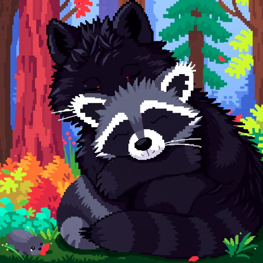 Charming Pixel Art: Dark Wolf Cub & Gray Raccoon Friendship
