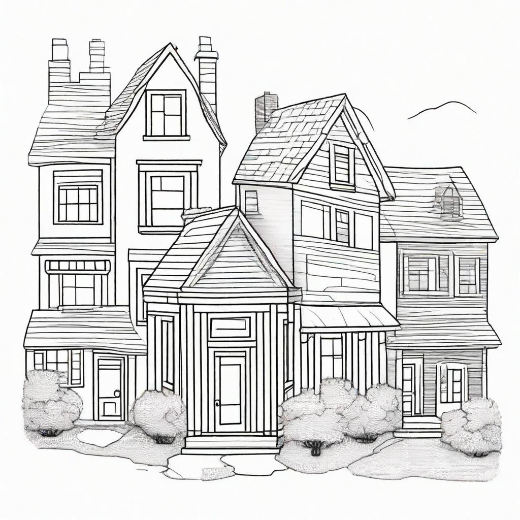 Draw a detailed line-art of different types of houses suitable for a coloring page.