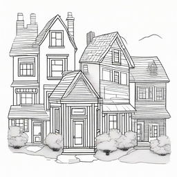 Draw a detailed line-art of different types of houses suitable for a coloring page.