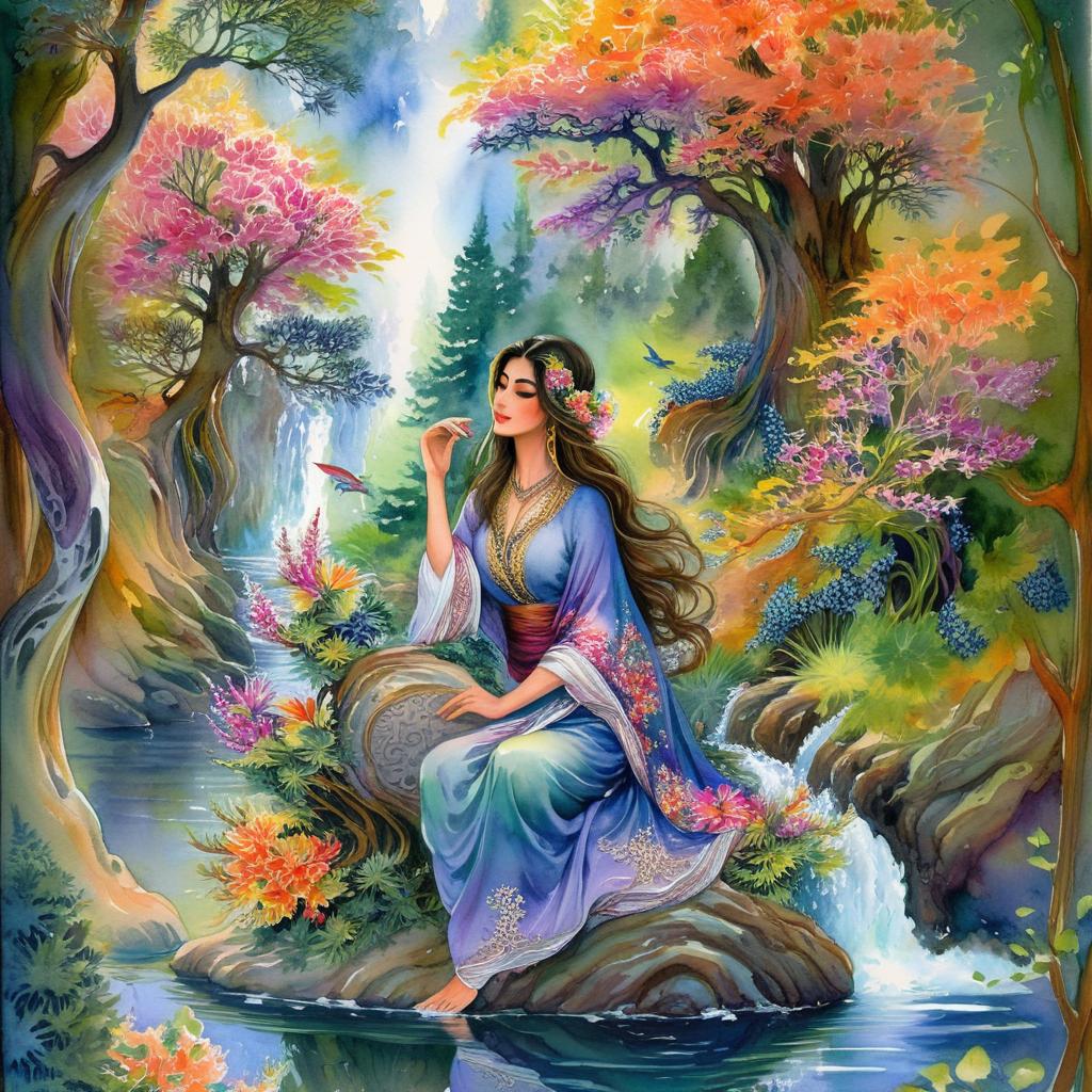 Mystical and spiritual watercolor painting of a beautiful Iranian woman sitting on a rock on a beautiful and peaceful pond in a dense forest with cypress trees, plane trees, grapevines, winding bonsai trees, and a whirlwind of colorful flowers and beautiful.