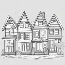 Draw a detailed line-art of different types of houses suitable for a coloring page.