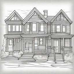 Draw a detailed line-art of different types of houses suitable for a coloring page.