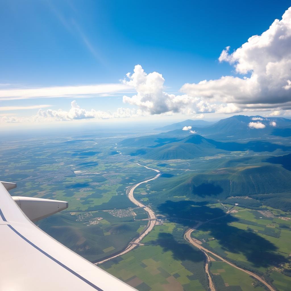 A breathtaking view from an airplane window, showcasing a stunning landscape below
