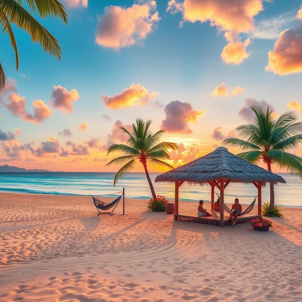 A vibrant tropical island scene showcasing the essence of island life