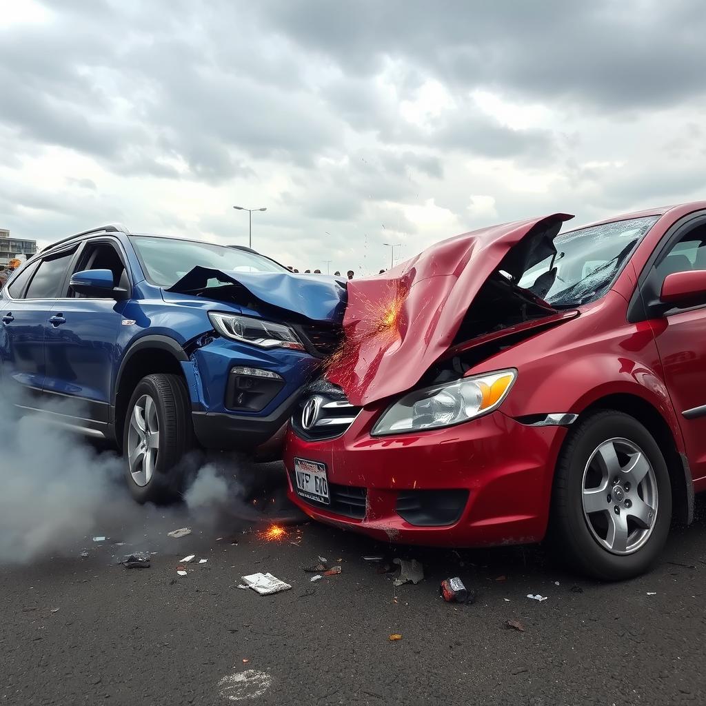 A dramatic scene depicting two cars in a head-on collision, both heavily damaged and crumpled from the impact