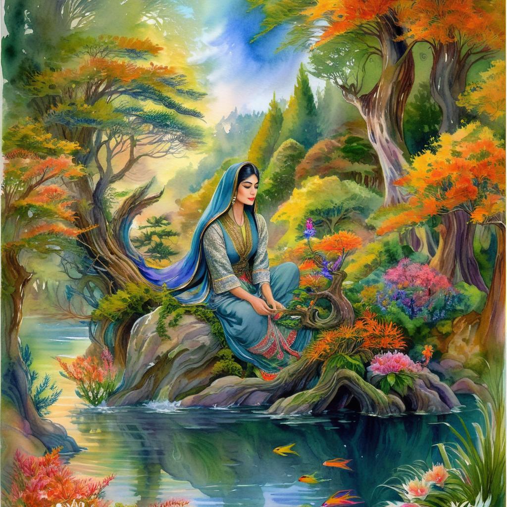 Mystical and spiritual watercolor painting of a beautiful Iranian woman sitting on a rock on a beautiful and peaceful pond in a dense forest with cypress trees, plane trees, grapevines, winding bonsai trees, and a whirlwind of colorful flowers and beautiful.