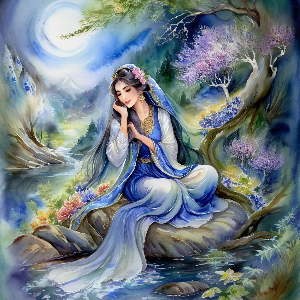 Mystical and spiritual watercolor painting of a beautiful Iranian woman sitting on a rock on a beautiful and peaceful pond in a dense forest with cypress trees, plane trees, grapevines, winding bonsai trees, and a whirlwind of colorful flowers and beautiful.