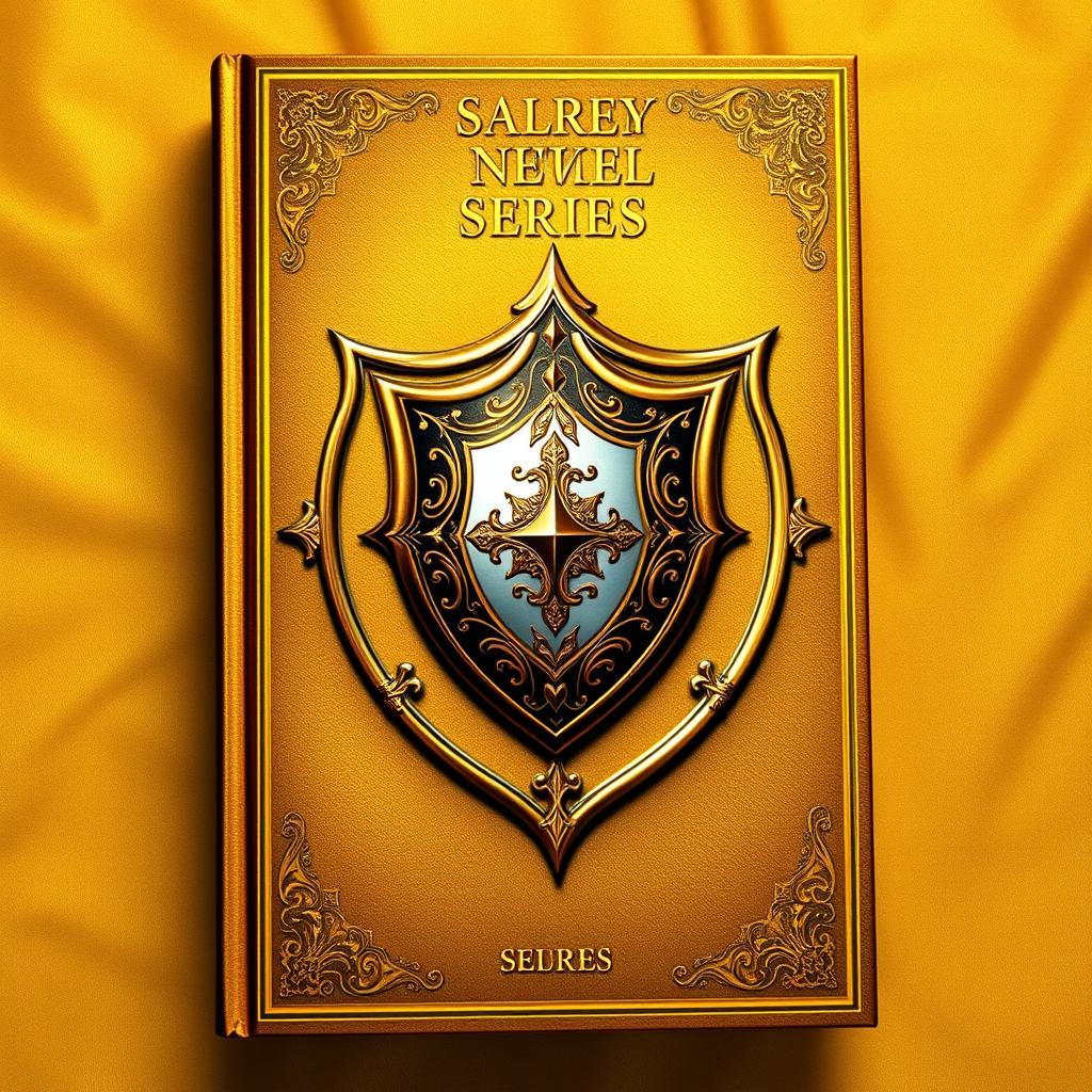 A stunning book cover featuring a luxurious golden background, with an intricately designed shield placed at the center of the cover