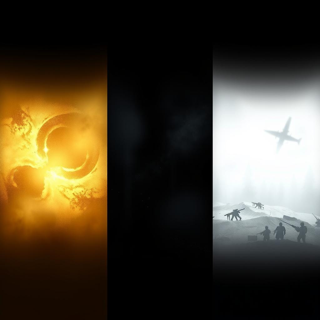 A powerful and dramatic series of backgrounds representing the theme of war, featuring three distinct variations