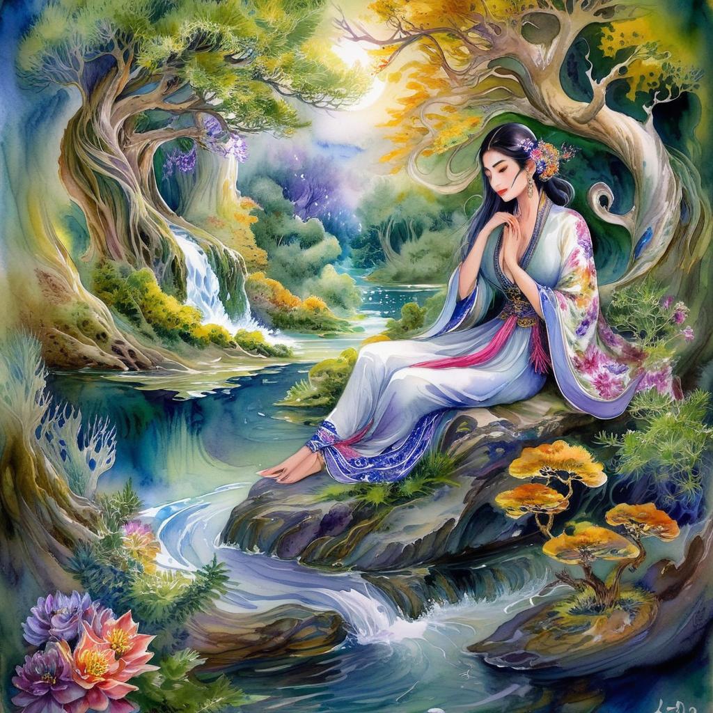Mystical and spiritual watercolor painting of a beautiful Iranian woman sitting on a rock on a beautiful and peaceful pond in a dense forest with cypress trees, plane trees, grapevines, winding bonsai trees, and a whirlwind of colorful flowers and beautiful.