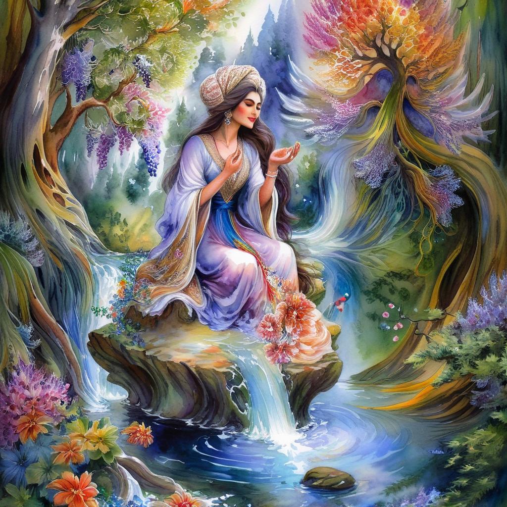 Mystical and spiritual watercolor painting of a beautiful Iranian woman sitting on a rock on a beautiful and peaceful pond in a dense forest with cypress trees, plane trees, grapevines, winding bonsai trees, and a whirlwind of colorful flowers and beautiful.