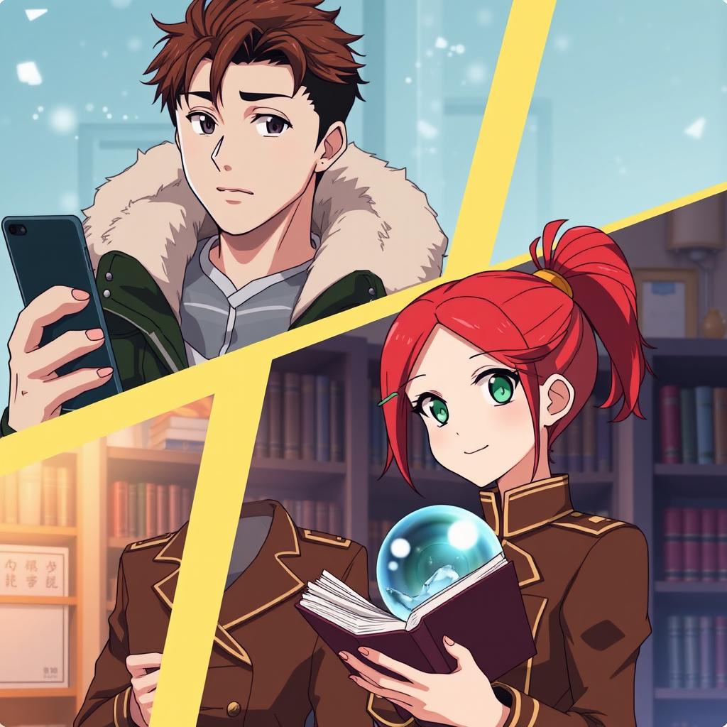 The image is divided diagonally by a light yellow stripe in an anime style