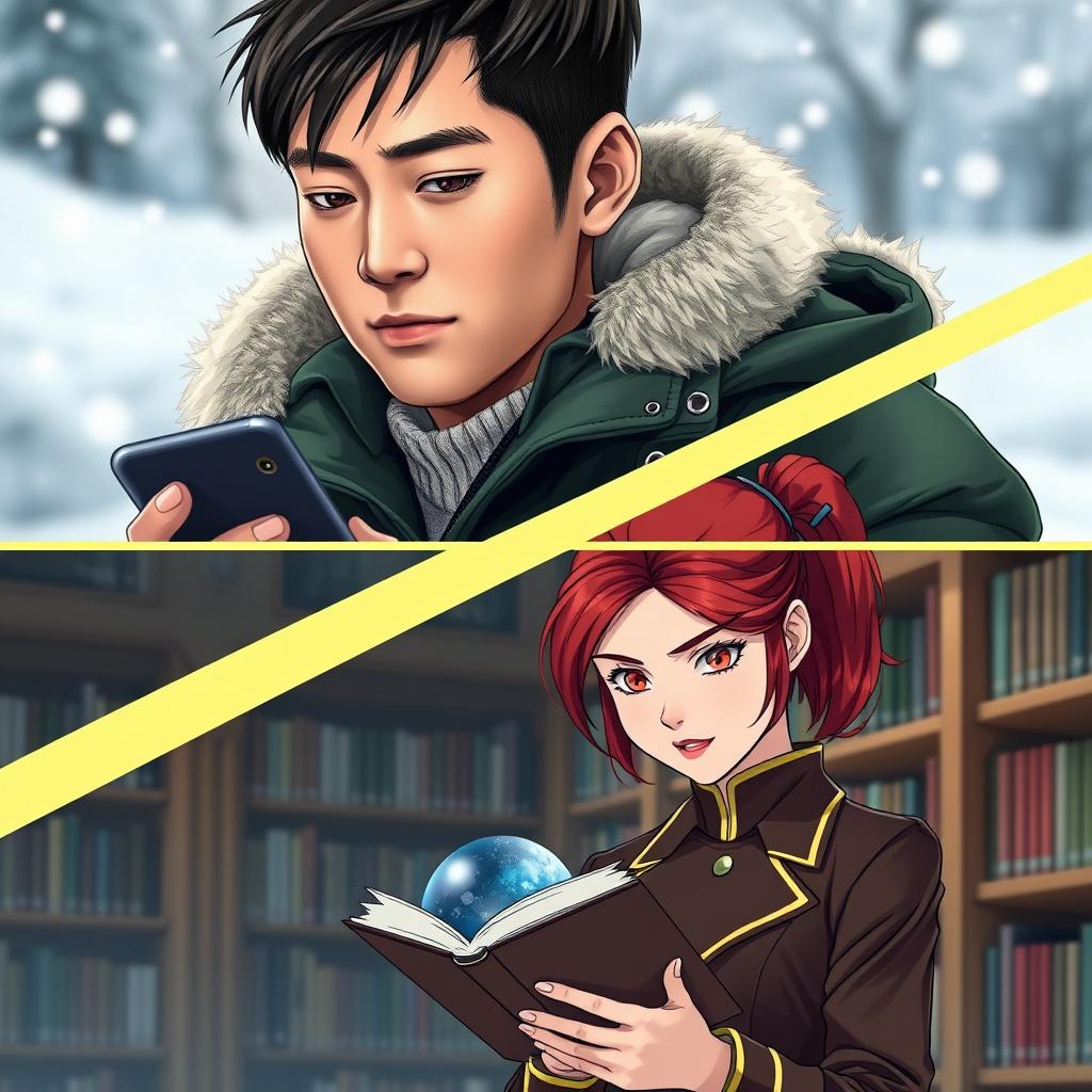 The image is centered on two characters, divided diagonally by a prominent light yellow stripe