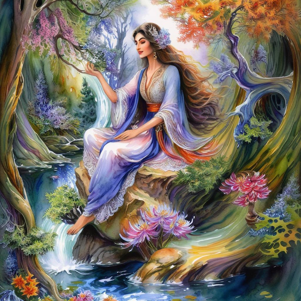 Mystical and spiritual watercolor painting of a beautiful Iranian woman sitting on a rock on a beautiful and peaceful pond in a dense forest with cypress trees, plane trees, grapevines, winding bonsai trees, and a whirlwind of colorful flowers and beautiful.